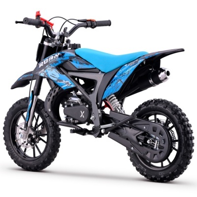Moto eléctrica de criança azul e preta com pneus para terreno off-road