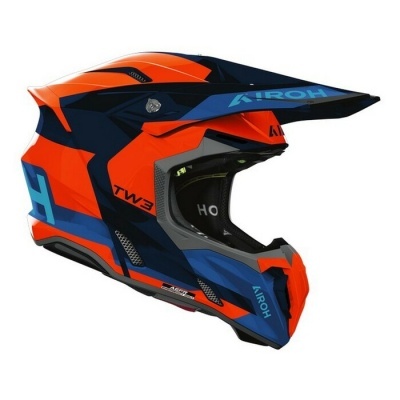 capacete motocross laranja azul preto com texto AIROH