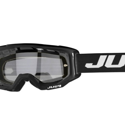 Óculos de proteção pretos com lente transparente e cinta com texto branco