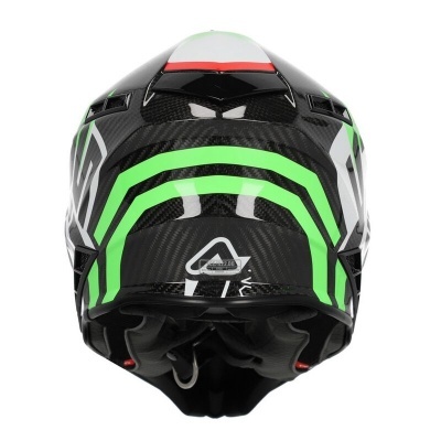 Capacete de moto com padrão verde, branco e preto e logótipo triangular