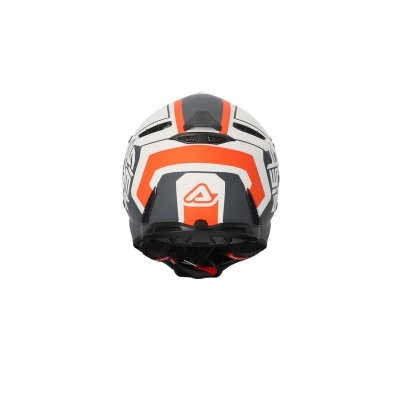 Capacete de mota branco, cinza escuro e laranja com padrão geométrico e logotipo
