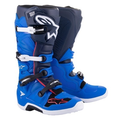 Botas de motocross azul, preto e branco com fivelas e logótipos
