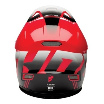 Capacete integral vermelho e preto com texto THOR DOT FMVSS 218