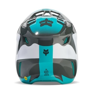 Capacete de motocross preto, branco e azul-turquesa com logotipo de raposa e selo DOT
