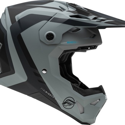 Capacete integral para motocross cinzento e preto com detalhes aerodinâmicos