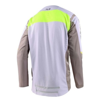 Camisola de motocross TLD branca com mangas bege e detalhe amarelo fluorescente nas costas