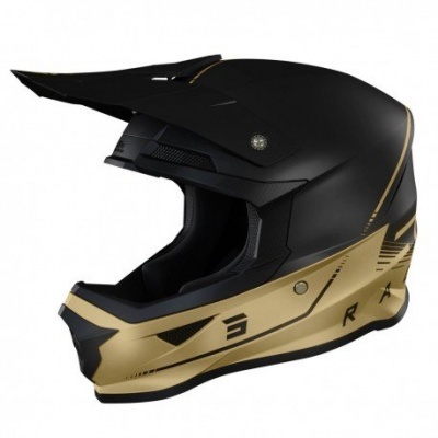 Capacete integral preto com detalhes dourados e viseira para motocross