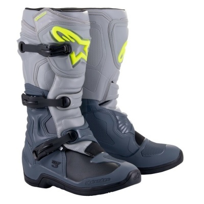 Botas de motociclismo cinza, preto e amarelo fluorescente com fechos de fivela