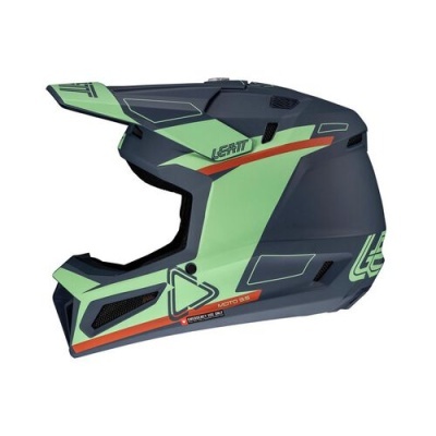 Capacete integral para motocross verde e preto com detalhes laranja e texto LEATT