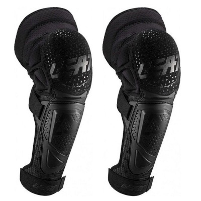 Joelharias e protetores de perna pretos com reforço rígido e logo LEATT