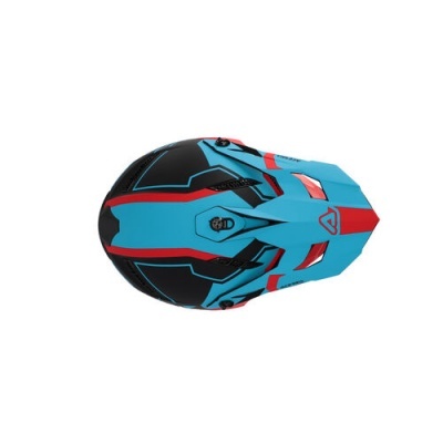 Capacete integral de motocross azul, vermelho e preto visto de cima