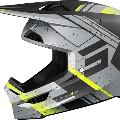 Capacete integral motocross cinzento preto amarelo branco com padrões geométricos