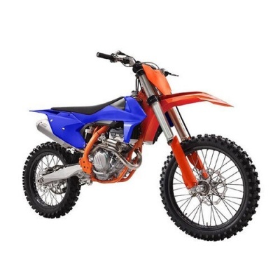 Motocross azul e laranja com pneus de cravos em fundo branco