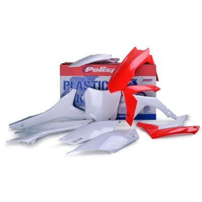 Conjunto de peças plásticas para mota nas cores branca e vermelha com caixa de embalagem ao fundo