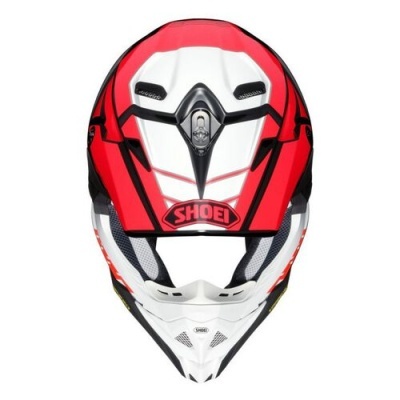 Capacete de motocross Shoei vermelho, branco e preto com logótipo