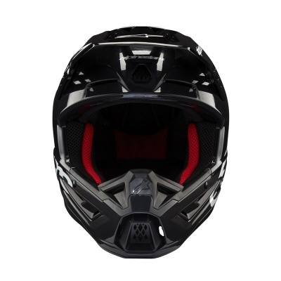 Capacete integral preto com detalhes brancos e interior vermelho