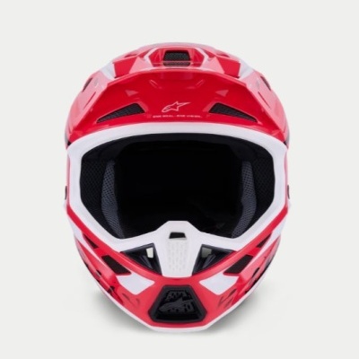 Capacete de motocross vermelho, branco e preto com interior acolchoado