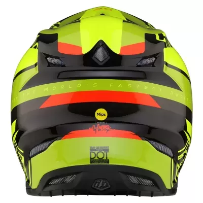 Capacete de motocross verde neon e preto com detalhes laranja e texto impresso