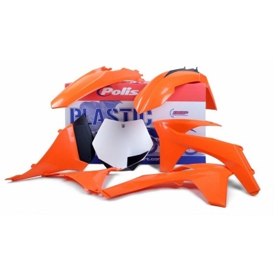 Peças de carenagem para moto laranja, branca e preta com caixa