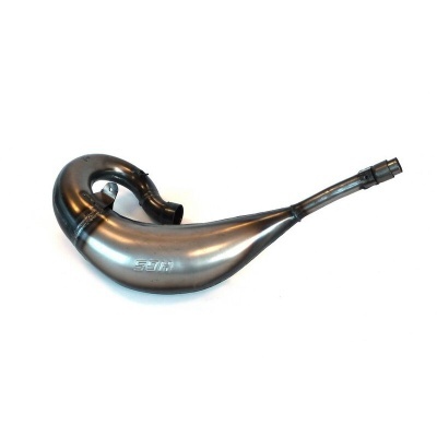 Escape metálico preto curvo para motocicleta com inscrição FMF