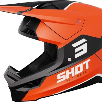 Capacete motocross laranja e preto com visor e logo SHOT RACEGEAR