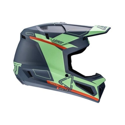 Capacete integral motocross verde, cinza e laranja com viseira e texto 'LEATT'