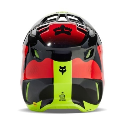 Capacete de motocross preto, vermelho e verde fluorescente com logo Fox