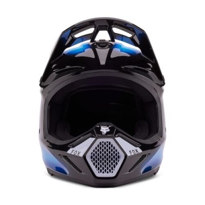 Capacete de motocross preto e azul com visor e entrada de ar frontal