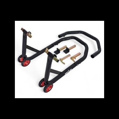 Suporte de apoio traseiro para mota preto com rodas vermelhas e acessórios dourados