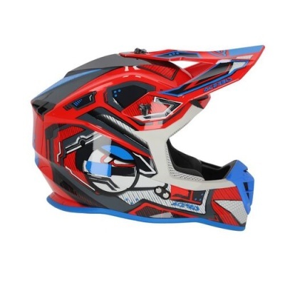Capacete integral de motocross vermelho com detalhes azuis e design gráfico