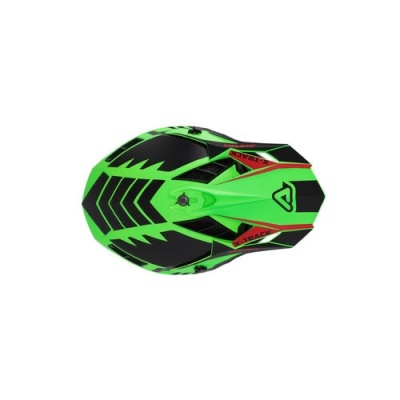 Capacete verde e preto com detalhes vermelhos visto de cima