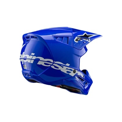 Capacete de motocross azul com logo branco Alpinestars e visor aerodinâmico