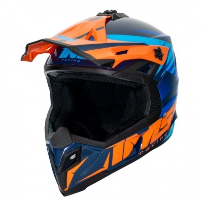 Capacete de motocross laranja, azul e preto com viseira