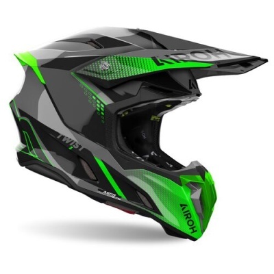 Capacete de motocross Airoh preto, cinza e verde fluorescente