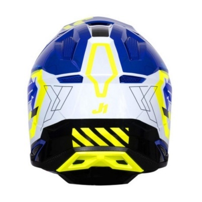 Capacete de motociclismo azul, branco e amarelo visto de trás