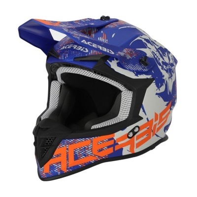 Capacete motocross Acerbis azul, branco e laranja com grafismos e acolchoamento interior