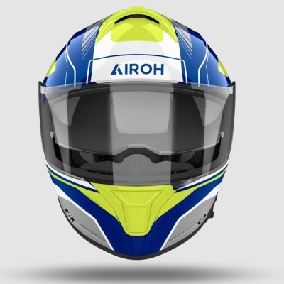 Capacete integral azul, amarelo e branco com visor transparente e texto AIROH
