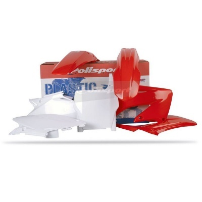 Conjunto de peças plásticas para motocicleta em vermelho e branco com caixa Polisport.