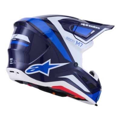 Capacete de motocross Alpinestars M7 azul, branco e preto com detalhes vermelhos.