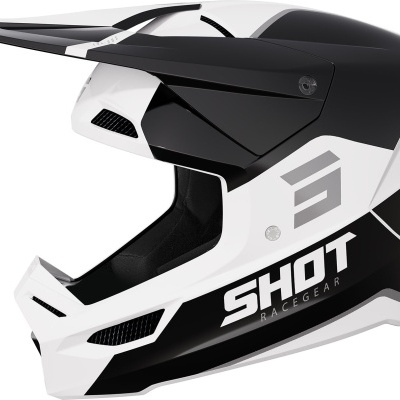Capacete integral de motocross preto e branco com texto SHOT RACEGEAR