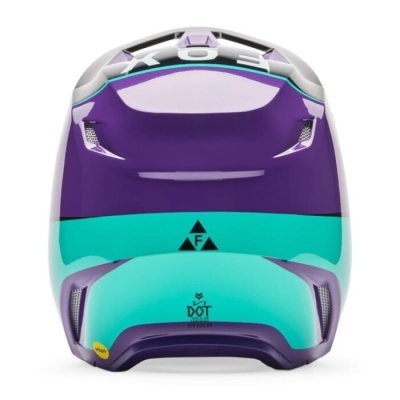 Capacete desportivo roxo, verde-água e lilás com símbolos e texto DOT e MIPS na traseira