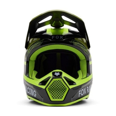 Capacete de motocross preto e verde fluorescente com inscrição FOX RACING