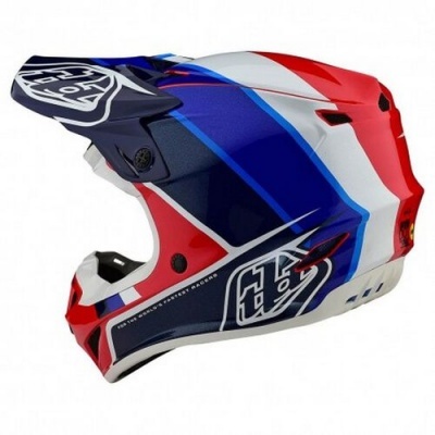 Capacete integral de motocross vermelho, branco e azul com logótipos