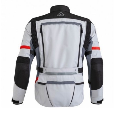 Casaco motociclista cinza, preto e vermelho visto de trás