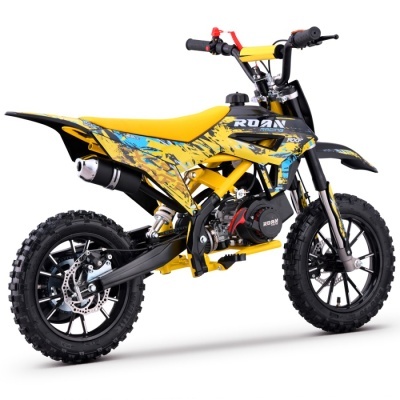 Moto BMX amarela e preta com detalhes coloridos e texto 'ROAN RACING'