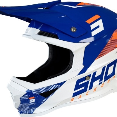 Capacete motocross azul e branco com detalhes laranja e texto 'SHOT RACE GEAR'.