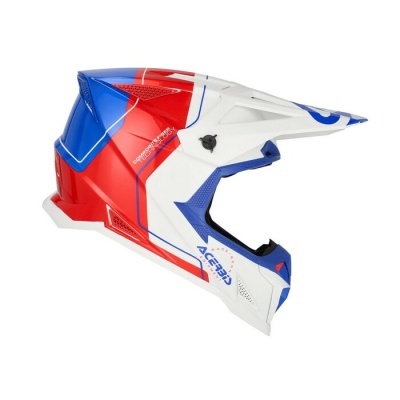 Capacete de motocross branco, vermelho e azul com logotipos e viseira