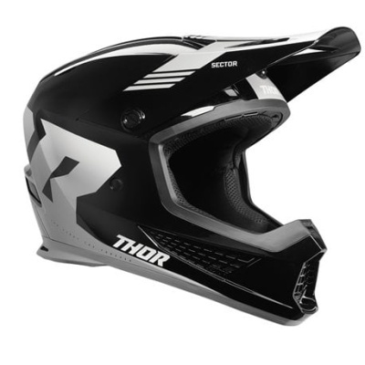Capacete integral preto com detalhes brancos e texto THOR SECTOR
