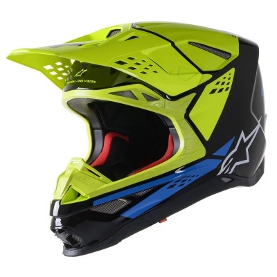 Capacete de motocross verde-limão com detalhes em preto, azul e branco