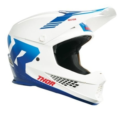 Capacete motocross branco com detalhes azuis e vermelhos, texto SECTOR e THOR